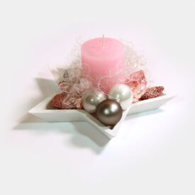 Adventsdeko weißer Stern-Teller "Rosa Sternschnuppe" mit rosa Stumpen-Kerze