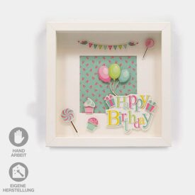 Geschenk-Idee im Rahmen zum Geburtstag. Weißer Rahmen mit farbigem Hintergrund, Schriftzug "Happy Birthday" und Luftballons in pink, grün und blau