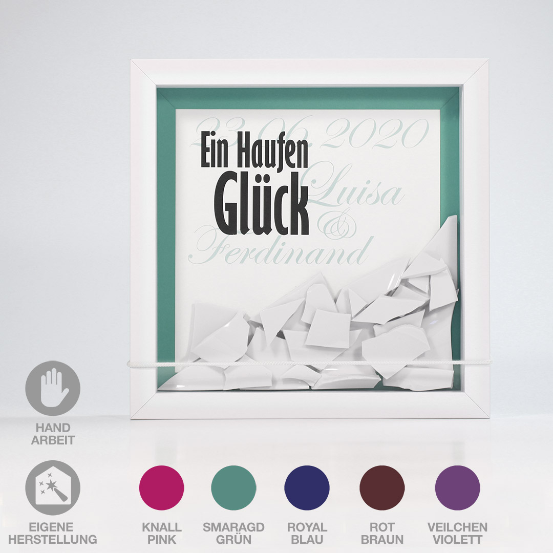 Geschenk für Polterabend oder Hochzeit: Rahmen "Ein Haufen Glück Nr.2" 3 Geschenk für Polterabend oder Hochzeit: Rahmen " Ein Haufen Glück Nr. 2". Das Datum und die Vornamen werden individuell eingedruckt. Man kann zwischen knallpink, smaragdgrün, royalblau, rotbraun, und veilchenviolett auswählen. Hier ist knallpink abgebildet.