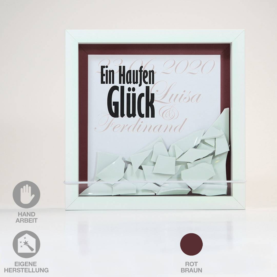 Geschenk für Polterabend oder Hochzeit: Rahmen "Ein Haufen Glück Nr.2" 25 Geschenk für Polterabend oder Hochzeit: Rahmen " Ein Haufen Glück Nr. 2". Das Datum und die Vornamen werden individuell eingedruckt. Man kann zwischen knallpink, smaragdgrün, royalblau, rotbraun, und veilchenviolett auswählen. Hier ist rotbraun abgebildet.