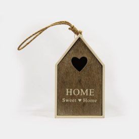 creme-weißes Vogelhaus mit Aufschrift