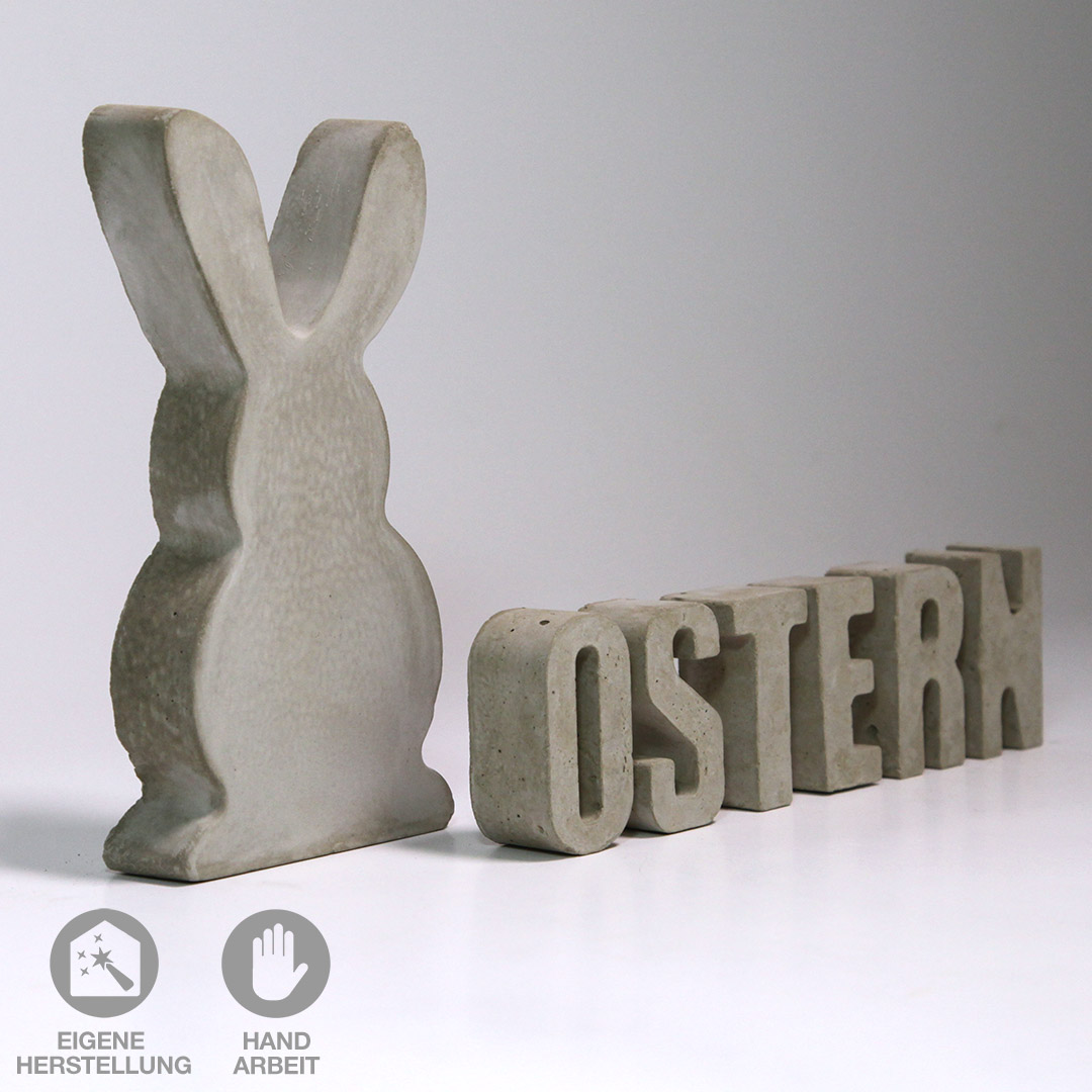 Beton-Oster-Hase mit dem Beton-Buchstaben "OSTERN" in Handarbeit gefertigt.