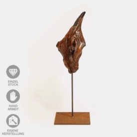 Geölte, lackierte Holz-Skulptur "Feuer und Flamme" mit Eisen-Pin