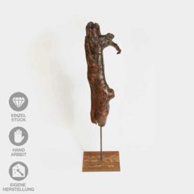 Geölte, lackierte Holz-Skulptur "Specht Zuhause" mit Eisen-Pin