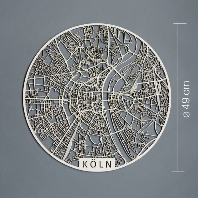 Stadtplan aus Holz Köln in rund gefräst, hier im Durchmesser M = 49cm