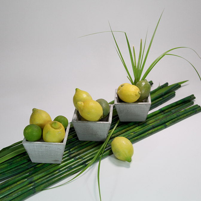 Quadratische Holzschale "shabby chic" in grau 5 Drei quadratische, graue Holz-Schalen im shabby chic. Dekoriert mit Zitronen, Limetten, Gräsern und grünen Bambus-Stangen.