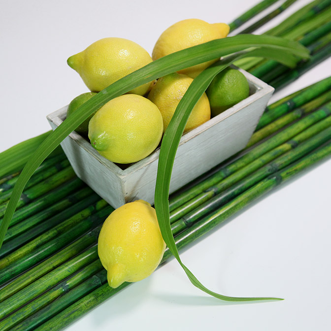 Rechteckige Holzschale "shabby chic look" in grau 4 Graue, rechteckige Holz-Schale im shabby chic. Dekoriert mit frischen Zitronen, Schilf-Gras und grünen Bambusstäben.