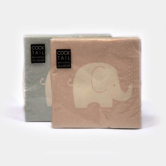 rosa und hellblaue Cocktail-Servietten mit weißem Elefant-Motiv