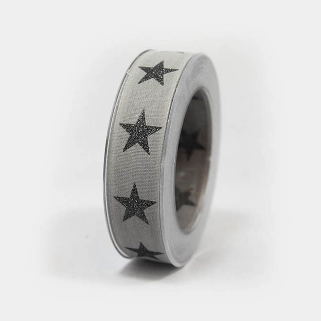 graues Geschenkband mit dunkel-grauen Sternen