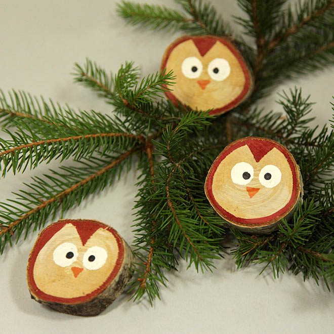 Drei Astscheiben handbemalt mit Eulen