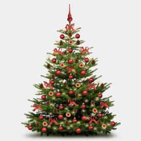 Deko-Set Weihnachtsbaum in Rot mit Holzscheiben mit roten Filzsternen, roten Glas-Weihnachtsbaumkugeln, roten Textil-Schleifen und echten Kieferzapfen