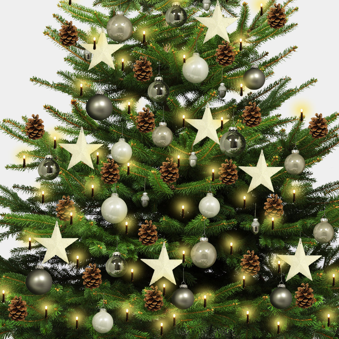 Weihnachtsbaum Deko-Set "modern grau" mit glimmernden Sternen, Tannenzapfen, grauen Glaskugeln und Glas-Eicheln.