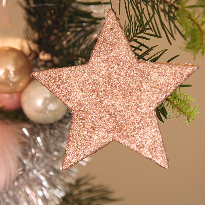 Ein Ausschnitt (glitzernder Stern) unseres Weihnachtsbaumschmuck Komplett-Sets "rosa", welches für einen kleinen, wie mittleren Weihnachtsbaum angeboten wird. Dieses besteht unter anderem aus Weihnachtsbaum-Kugeln aus Glas in einem zarten hellrose-creme Mix. Weiter ist er üppig und pompös mit glitzernden Kunst-Schleifen, Sternen, Glaskugeln in Form von Zapfen, Blumen und Sternen sowie einer Limetta-Girlande bestückt.