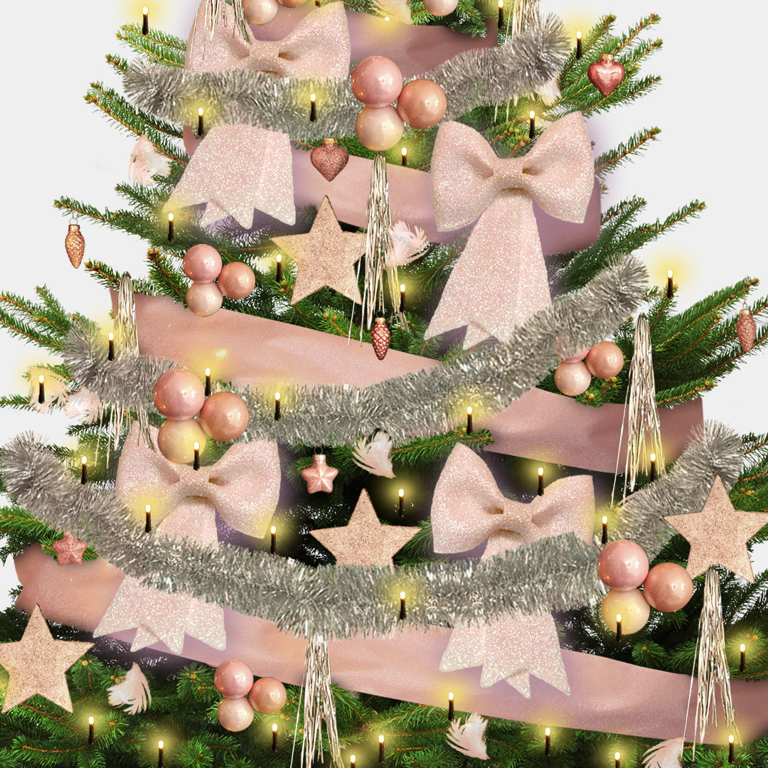 Ausschnitt des Weihnachtsbaum Deko-Sets "glamour hellrose" mit großen, üppigen, geglimmerten Kunststoff-Schleifen, beglitterten Sternen, Glas-Kugeln, Lametta-Girlande und verschiedenem Glaskugel-Schmuck.
