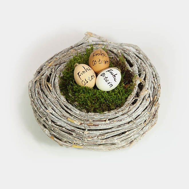 Oster-Deko-Set "Frohe Ostern" im Nest 3 Reben-Kranz als Nest mit Moos und drei Ostereiern mit "Frohe Ostern"