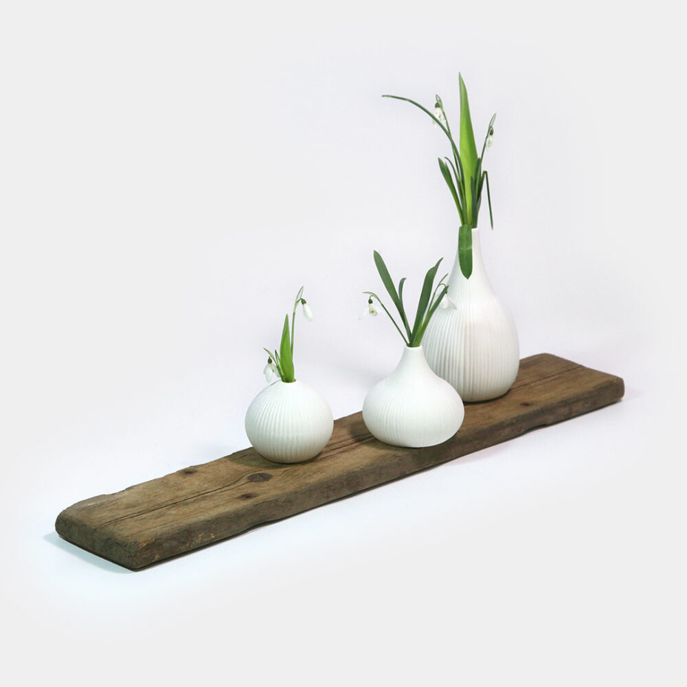 Drei weiße Keramik-Vasen im Scandi-Style dekoriert mit Schneeglöckchen auf einer alten Holzplanke. Schönes Deko-Set