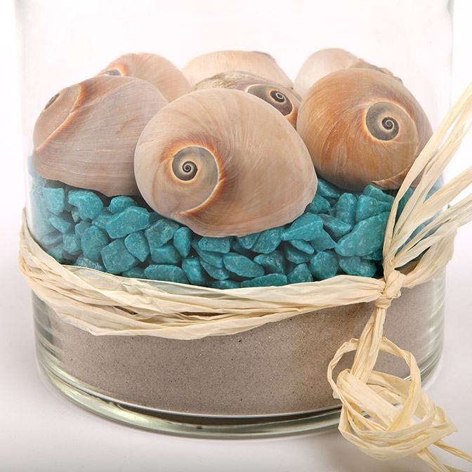 Eine Nahaufnahme unserer Deko-Vase Sommer "Ozean". Sie besteht aus einer Glas-Vase befüllt mit feinstem Quarzsand, türkis gefärbten Deko-Steinen und schnecken-förmigen Muscheln.