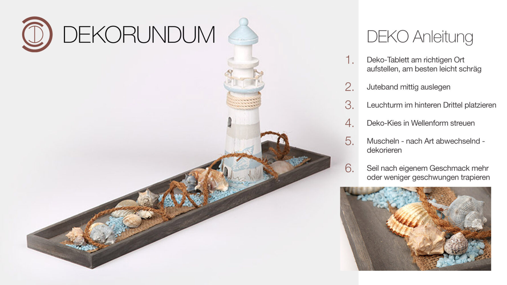 Beschreibung, wie man dieses Deko-Set "Sommer Leuchtturm" zuhause dekoriert.