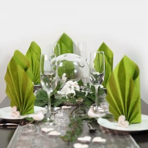 Über uns 5 Vollständige Hochzeitsdeko für die Festtafel mit grünen, eleganten Servietten und Blickfang